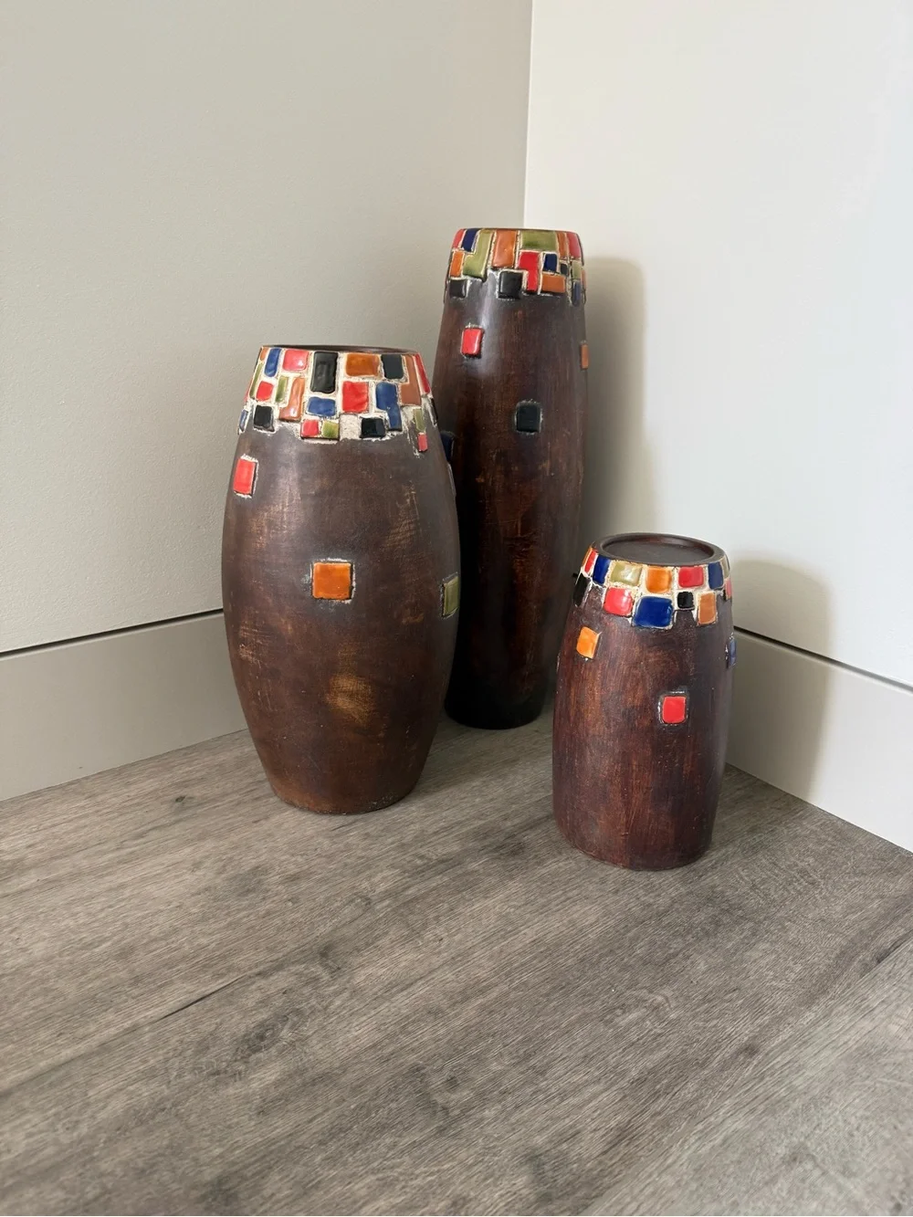 Pier 1 Brown Ceramic Vases with Colorful Mosaic Tops
